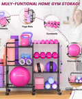 All In One Home Gym Organizer Rack With Wheels And Hooks For Dumbbells, Kettlebells, Yoga Mats, Foam Rollers, and Accessories