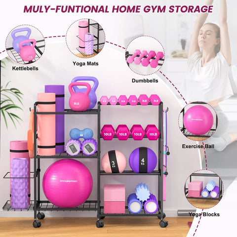 All In One Home Gym Organizer Rack With Wheels And Hooks For Dumbbells, Kettlebells, Yoga Mats, Foam Rollers, and Accessories