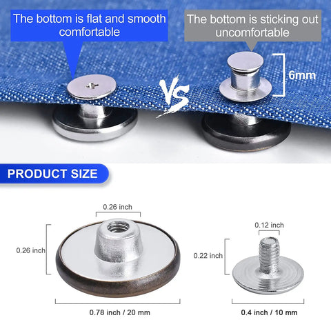 Comparison of flat and protruding buttons from 12 Set Adjustable Jean Button Kit 20mm No Sew Instant Metal Button Replacement