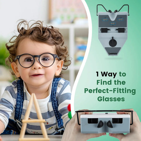 Digital Pupillometer For Eye Exams 50 To 80 Mm PD Meter With Auto Shutoff And Memory Function CE Approved Pro Grade Optical Tool For Eye Docs And Clinicians; child wearing glasses with PD meter