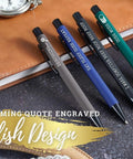 Ballpoint Pen Set Of 4 For Programmers And Techies with engraved quotes, multicolor pens on notebook, stylish design