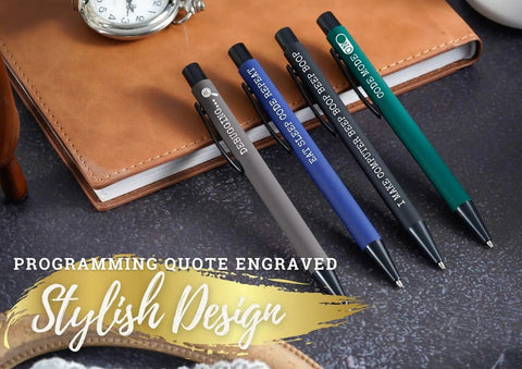 Ballpoint Pen Set Of 4 For Programmers And Techies with engraved quotes, multicolor pens on notebook, stylish design