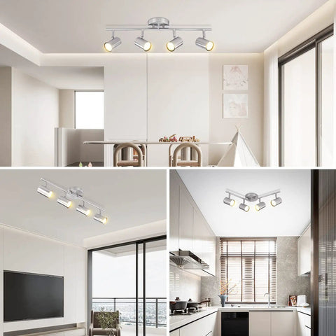 4 Light Brushed Nickel Track Lighting Kit With Adjustable GU10 Heads in kitchen, dining room, and office setups