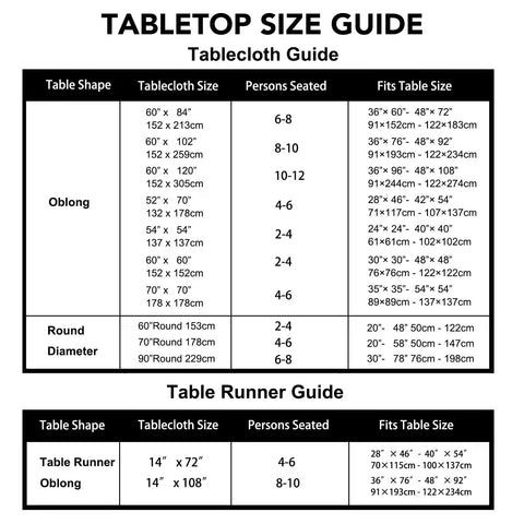 Table size guide for different tablecloth and table runner dimensions and seating, includes oblong and round options.