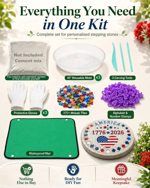 Kids DIY Stepping Stones Kit With 3 10 Inch Round Molds, 370 Plus Mosaic Tiles, Alphabet And Number Stamps, Carving Tools