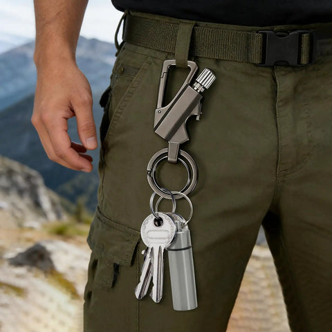 Two Pack Permanent Match Lighter Set With Tinder Storage Canister attached to belt outdoors