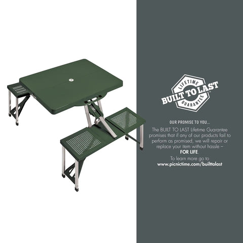 Foldable Picnic Table With Built-In Benches For Four, Outdoor Camping Table With Umbrella Hole in Hunter Green, setup view