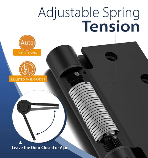 3 Pack Self-Closing Door Hinges, 4.5 Inch Spring Hinges With Adjustable Tension, Square Corner, Black UL Listed, tension detail