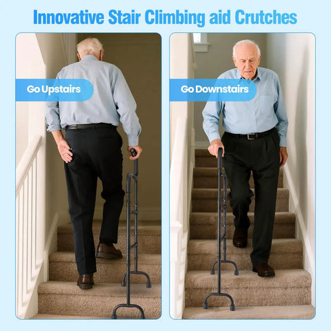 Premium Stair Assist Cane With 13 Adjustable Height Settings And Secure Non Slip Grip Making Daily Step Navigation And Outdoor Walkways Straight Up Smooth Sailing being used by an elderly man climbing stairs.