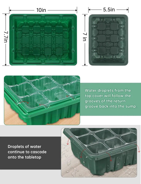 Top Notch Seed Starter Kit With Heat Mat And Grow Lights 3 Pack Trays With 36 Big Cells showing water flow design and dimensions