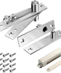 Heavy Duty Pivot Hinge Set With Magnetic Door Catch For Wood Doors And Secret Rooms Offering 360 Spin Capability And Stealthy Invisible Design Built Tough For Daily Grind components including stainless steel hinges, screws, and catch.