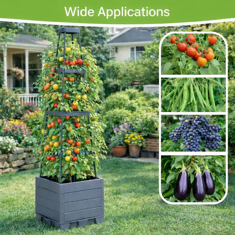 Image of a garden with a 2 Pack Raised Garden Bed Tomato Planter With Trellis 57 Inch Self-Watering Cage Planter Boxes for climbing plants.