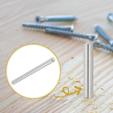3mm X 50mm Dowel Pins Stainless Steel 304 used for shelves and furniture fixing, shown on a wooden surface with screws.
