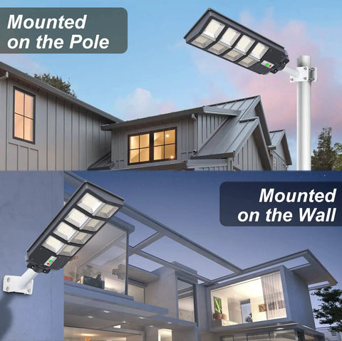 500W Solar Street Light With 360 LED Flood Beam 6000K Cool White Motion Sensor mounted on pole and wall for outdoor use