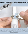 Close-up of installing Six Pack 1-1/4 Inch Stainless Steel Hose Clamps With Adjustable Thumb Screws For Pool Filter Pump Hoses And PVC Tubing