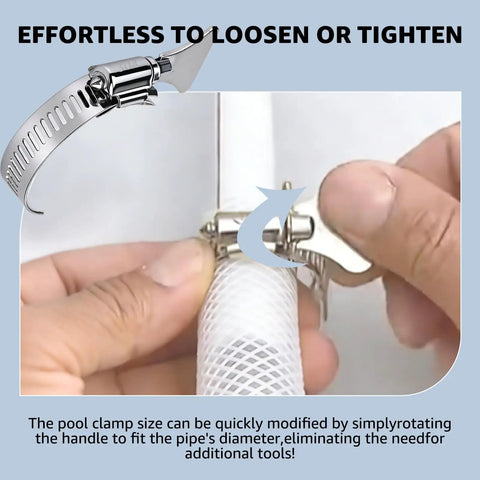 Close-up of installing Six Pack 1-1/4 Inch Stainless Steel Hose Clamps With Adjustable Thumb Screws For Pool Filter Pump Hoses And PVC Tubing