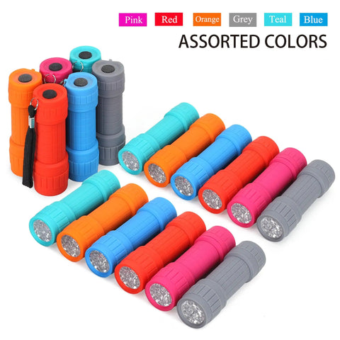 18 Pack 9 LED Mini Flashlights With AAA Batteries Included And Pre Installed in assorted colors for classroom, camping, weddings.