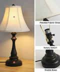Three Piece Vintage Style Lamp Set with Bronze Finish and Brown Fabric Shades, featuring table lamp details like shade, switch, and base.