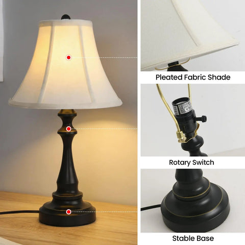 Three Piece Vintage Style Lamp Set with Bronze Finish and Brown Fabric Shades, featuring table lamp details like shade, switch, and base.