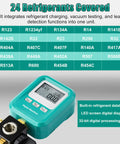 Digital Manifold HVAC Gauge Kit With Four Piece Pro Grade For Quick Pressure Readouts And Refrigerant Charging Vacuum Test Micrometer Accuracy Quarter Inch To Five Sixteenth Inch Port Accessories Valve Core Remover And Installer SAE And T Connector showing R123 to R454C support