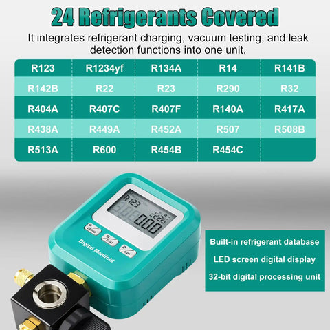 Digital Manifold HVAC Gauge Kit With Four Piece Pro Grade For Quick Pressure Readouts And Refrigerant Charging Vacuum Test Micrometer Accuracy Quarter Inch To Five Sixteenth Inch Port Accessories Valve Core Remover And Installer SAE And T Connector showing R123 to R454C support