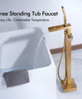 Solid Brass Floor Mount Bathtub Faucet Free Standing Tub Filler With Hand Shower Swivel Spout Brushed Brass And Brushed Gold High Flow Rate Waterfall Look For Modern Bathrooms