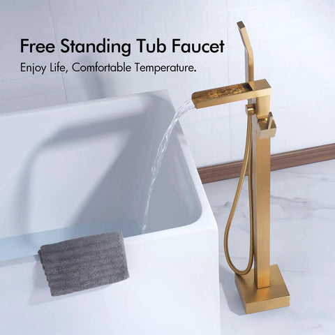 Solid Brass Floor Mount Bathtub Faucet Free Standing Tub Filler With Hand Shower Swivel Spout Brushed Brass And Brushed Gold High Flow Rate Waterfall Look For Modern Bathrooms