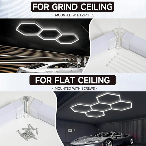 Hexagon LED Garage Lights 6500K Cool White Hex Ceiling Fixture For Garage, Gym, Basement, Workshop, shown installed on ceilings