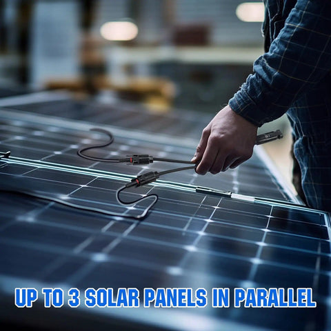 Person connecting Two Pair Solar Connectors 30A Y Branch Parallel PV Adapter Cable Kit to three solar panels.