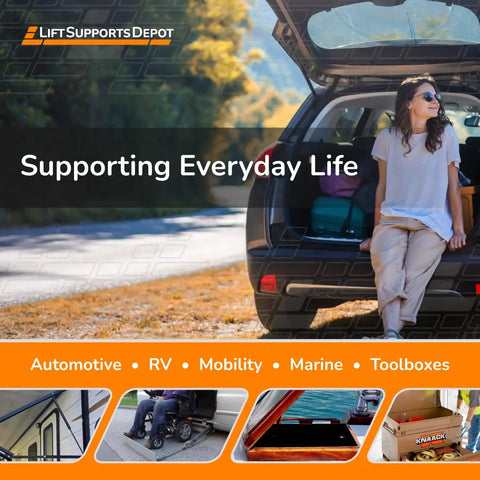 Top Shelf Two Pack Automotive Gas Strut Lift Supports For Toolbox Lid Replacement, woman relaxes by open SUV trunk outdoors.