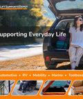 Woman relaxing by an open car trunk, showcasing Workhorse Gas Lift Struts For Toolbox Lids 2 Pack Heavy Duty Replacement Shocks.