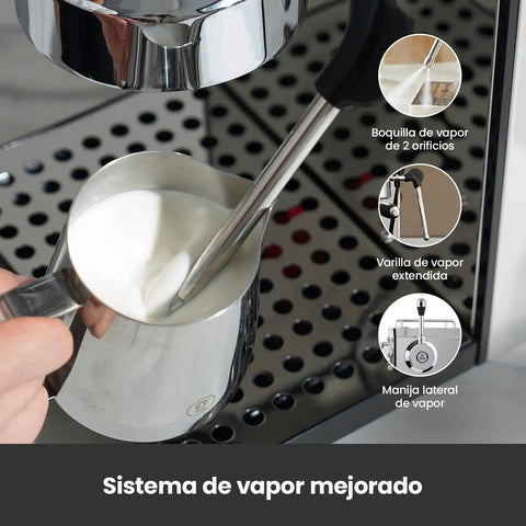 Kickstart Your Day With This Solid Gear Semi Automatic Espresso Maker Featuring A Dope Milk Frother Steam Wand And Spacious 57 Oz Tank For Smooth Daily Lattes And Cappuccinos, showing steam wand in use.