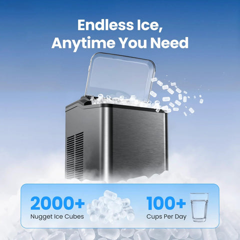 Countertop nugget ice maker in stainless steel with open lid and ice cubes.
