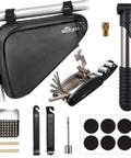 Bike Tire Repair Kit For Flat Tires With Portable Pump 120 PSI, 16 In 1 Multitool With Patch Kit And Levers, Plus Triangle Frame Bag And Metal Rasp For MTB BMX Ride Ready