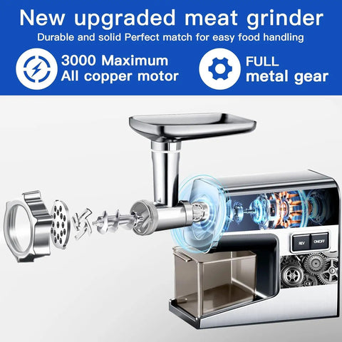Heavy Duty Electric Meat Grinder Crushing Tough Cuts Up To Five Pounds A Minute Powered By Pure Copper Motor showing internal parts.