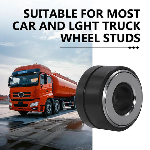 Heavy Duty Wheel Stud Installer Tool For Cars, SUVs And Light Trucks next to an orange truck with text "SUITABLE FOR MOST CAR AND LGHT TRUCK WHEEL STUDS"