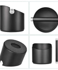 Espresso Knock Box For Home Barista Use Black Stainless Steel Coffee Ground Catcher With Removable Knock Bar shown from multiple angles