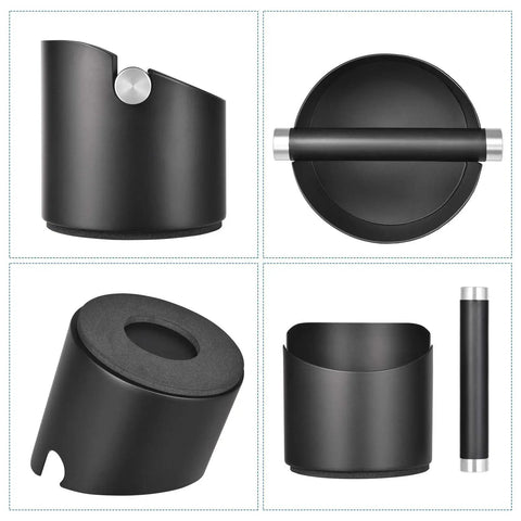 Espresso Knock Box For Home Barista Use Black Stainless Steel Coffee Ground Catcher With Removable Knock Bar shown from multiple angles