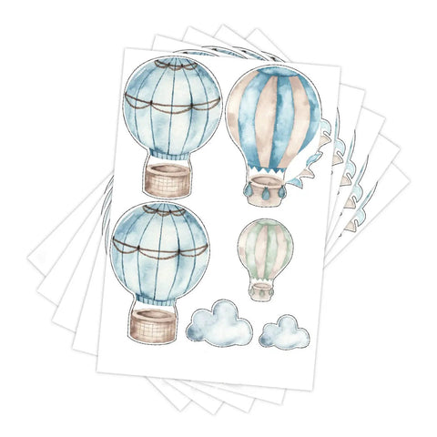 Boy Room Wall Decals Peel And Stick Watercolor Blue Hot Air Balloon And Clouds Wall Sticker For Baby Boys Nursery Playroom Kids Room Decor Durable Waterproof PVC Not Removable showing five sheets with blue balloon and cloud designs