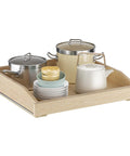 Soft Close Pull Out Cabinet Organizer 22.5 Inch Wide By 21 Inch Deep Wood Drawer Shelf for kitchen pantry with pots and dishes.