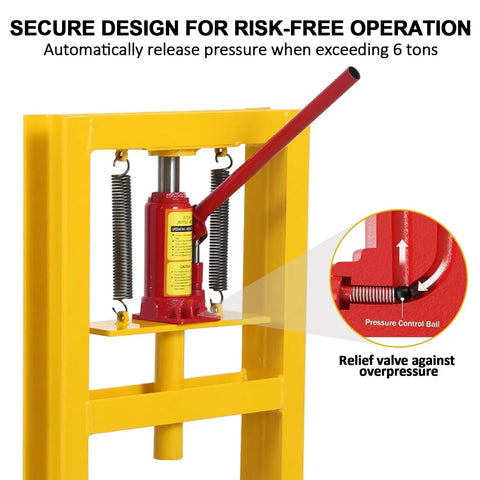 Heavy-Duty 6-Ton H-Frame Hydraulic Shop Press For Home Garage Use showing secure design and pressure control bail