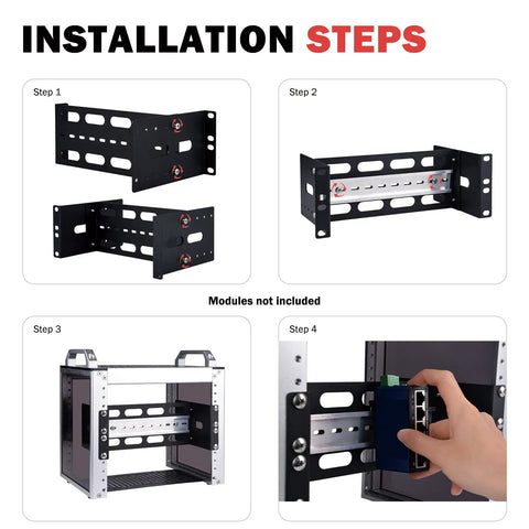 Installation steps for 10 Inch 2U Adjustable DIN Rail Mount Bracket, showing step-by-step mounting process.