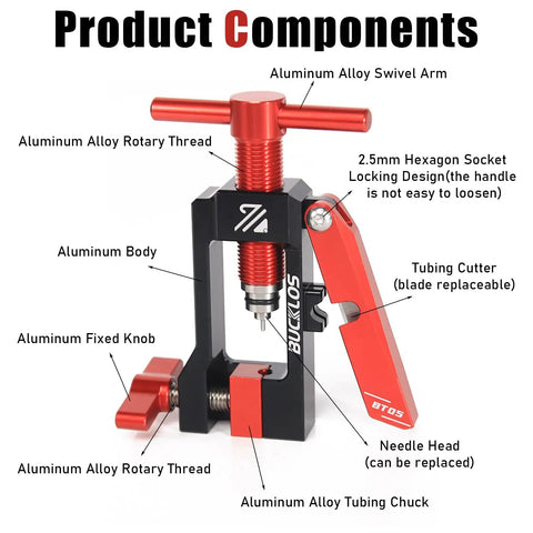 2 In 1 Bike Brake Hydraulic Needle Driver And Hose Fitting Insert Tool with labeled aluminum alloy components for MTB