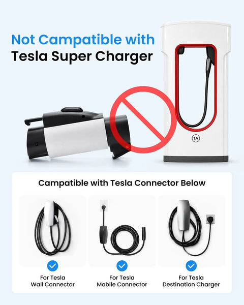 Slick NACs To J1772 Electric Vehicle Charging Adapter For Tesla Wall Connector Up To 80 Amps 19.2 Kilowatts, image showing compatibility details.
