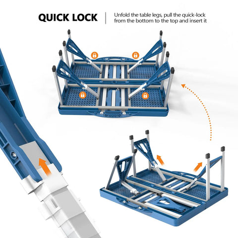 Quick lock mechanism of 4 ft folding picnic table set with 4 seats and umbrella hole lightweight aluminum frame plastic top perfect for camping life RV trips barbecues travel or outdoor gatherings supports up to 220 lb