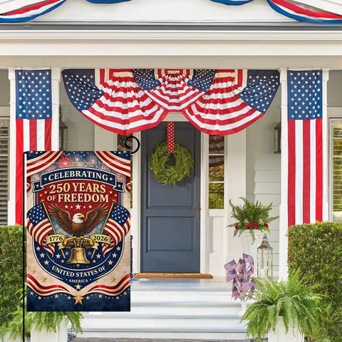250 Years America Garden Flag 12x18 Double Sided USA Patriotic Banner For 4th Of July Outdoor Decor Burlap Yard Flag With Eagle Design And 250th Anniversary Theme displayed on a porch