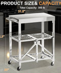 Slick Stainless Steel Folding Kitchen Cart Rock Solid Three Tier Rolling Utility Station With Grippy Locking Wheels dimensions 31.5" x 20" x 42.3" capacity 300 lb