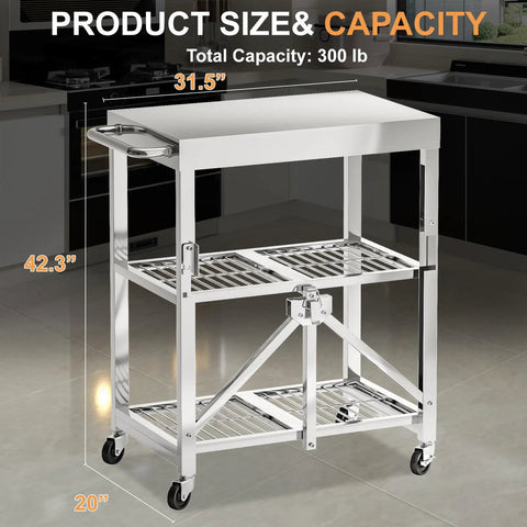 Slick Stainless Steel Folding Kitchen Cart Rock Solid Three Tier Rolling Utility Station With Grippy Locking Wheels dimensions 31.5" x 20" x 42.3" capacity 300 lb