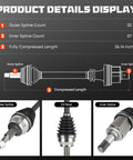 Diagram and close-up details of Dodge Front Left CV Axle Shaft Assembly Fits Durango 3.6L 5.7L 2011-2023 And Grand Cherokee 3.0L 2014-2019 AWD 1 Speed Transfer Case Replacement Replaces 66-3759 Ready To Roll showing outer spline, CV boot, and inner spline measurements.