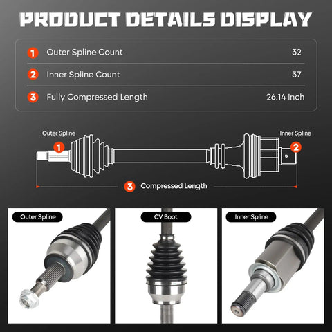 Diagram and close-up details of Dodge Front Left CV Axle Shaft Assembly Fits Durango 3.6L 5.7L 2011-2023 And Grand Cherokee 3.0L 2014-2019 AWD 1 Speed Transfer Case Replacement Replaces 66-3759 Ready To Roll showing outer spline, CV boot, and inner spline measurements.